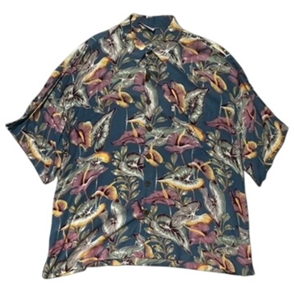 Pineapple Moon Hawaiian Shirt XL Blue Tropical Floral Rayon Button Down Mens